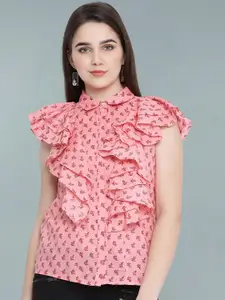 Moda Elementi Floral Print Flutter Sleeve Sheer Shirt Style Top