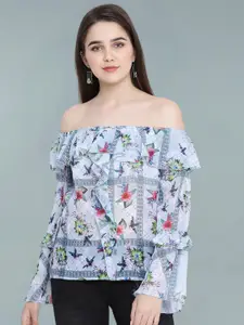 Moda Elementi Floral Print Off-Shoulder Bell Sleeve Sheer Bardot Top