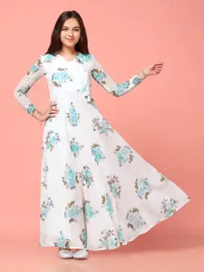 FASHION DREAM Girls Floral Printed V-Neck Tie-Ups Georgette Ethnic Maxi Dress