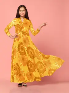 FASHION DREAM Girls Floral Print Mandarin Collar Georgette Ethnic Maxi Dress