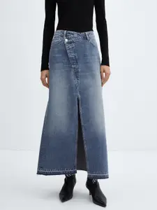 MANGO Washed Pure Cotton Asymmetrical High-Slit Denim A-Line Skirt