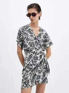 MANGO Tropical Print Linen Blend Wrap Mini Dress