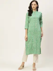 KALINI Women Striped Thread Work Indie Prints Kurta