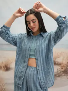 Tokyo Talkies Striped Shirt Collar Neck Shirt & Flared Shorts Co-Ords