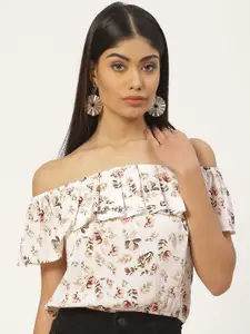 Slenor Floral Print Off-Shoulder Layered Georgette Bardot Top