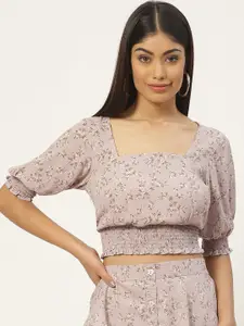 Slenor Floral Print Puff Sleeve Smocked Georgette Crop Top
