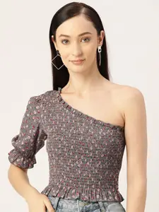 Slenor Floral Print One Shoulder Puff Sleeve Crepe Top