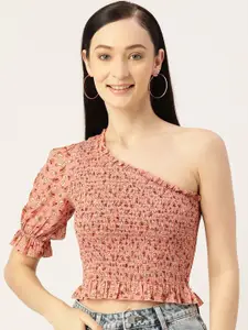 Slenor Floral Print One Shoulder Puff Sleeve Crepe Crop Top