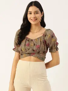 Slenor Print Puff Sleeve Georgette Blouson Crop Top