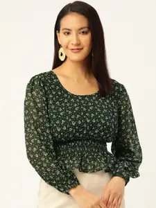 Slenor Floral Print Georgette Cinched Waist Top