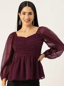 Slenor Sweetheart Neck Puff Sleeve Georgette Peplum Top