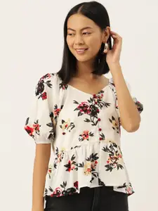 Slenor Floral Print Puff Sleeve Georgette Top