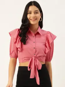 Slenor Puff Sleeve Ruffles Crepe Shirt Style Crop Top