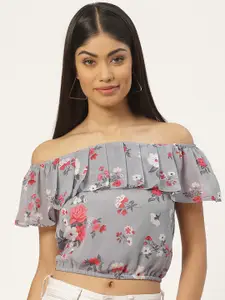 Slenor Floral Print Off-Shoulder Flutter Sleeve Layered Georgette Bardot Crop Top