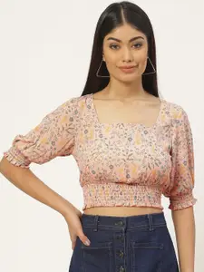 Slenor Floral Print Puff Sleeve Smocked Georgette Blouson Crop Top