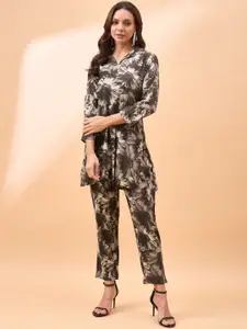 all about you Printed Shirt Collar Neck Top & Flared Trouser Co-Ords