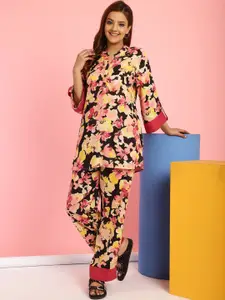 Secret Wish Floral Printed Band Collar Top With Trousers Co-Ords