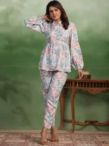 Sangria Printed Top With Trousers Co-Ords