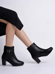 Shoetopia Girls Panelled Buckle-Detail Block-Heeled Zip-Up Boots
