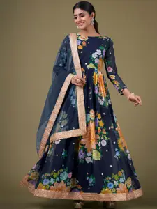 ODETTE Floral Printed Fit and Flare Semi Stitched Ethnic Dress with Dupatta