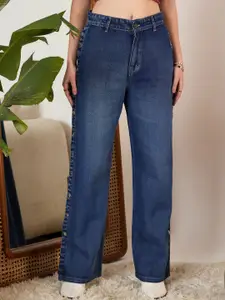Berrylush Women Flared High-Rise Low Distress Light Fade Jeans