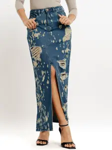 FREAKINS Distressed Cotton Front Slit Maxi Skirts