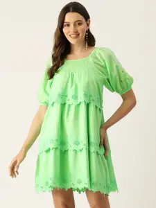 MISRI Floral Embroidered Puff Sleeves Smocked Schiffli A-Line Dress