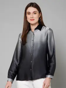 PURYS Classic Ombre Printed Spread Collar Long Sleeves Satin Casual Shirt