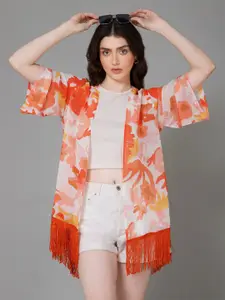 PURYS Women Printed Tasselled Longline Shrug