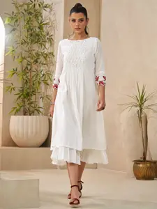 DRESOUL Boat Neck Smocked Embroidered & Layered A-Line Dress