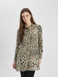 DeFacto Classic Animal Printed Drop Shoulder Sleeves Longline Oversized Casual Shirt