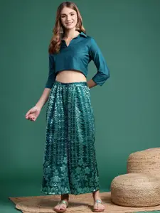 Sangria Cropped Top & Self-Design Bottom Ethnic Co-Ords Set