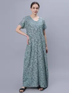 NIGHTSPREE Floral Printed V-Neck Pure Cotton Maxi Nightdress