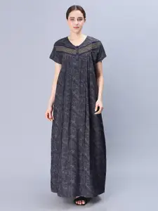 NIGHTSPREE Floral Printed V-Neck Pure Cotton Maxi Nightdress