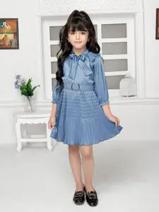 Tiny Baby Girls Striped Tie-Up Neck Gathered Detailed Satin Fit & Flare Dress With Belt