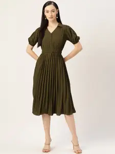 Slenor Puff Sleeve Crepe Fit & Flare Dress