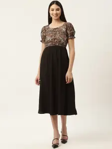 Slenor Floral Print Puff Sleeve Crepe Fit & Flare Midi Dress