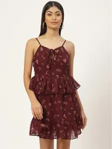 Slenor Floral Print Layered Georgette Peplum Dress
