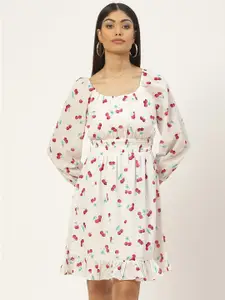 Slenor Floral Print Puff Sleeve Georgette Fit & Flare Dress