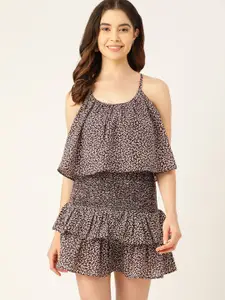 Slenor Animal Print Layered Georgette A-Line Mini Dress