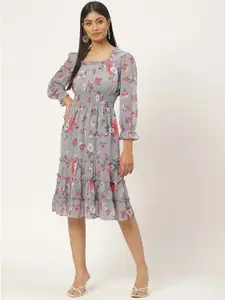 Slenor Floral Print Puff Sleeve Georgette Fit & Flare Dress