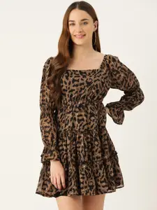 Slenor Animal Print Puff Sleeve Georgette Fit & Flare Dress