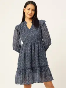 Slenor Print Puff Sleeve Georgette Fit & Flare Dress