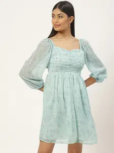 Slenor Floral Print Puff Sleeve Georgette Fit & Flare Dress