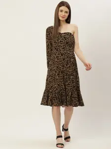 Slenor Animal Print Off-Shoulder Georgette Fit & Flare Dress