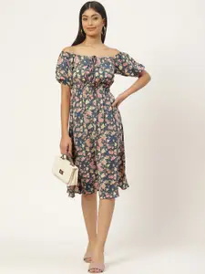 Slenor Floral Print Off-Shoulder Puff Sleeve Georgette Fit & Flare Midi Dress