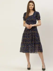 Slenor Abstract Print Puff Sleeve Georgette Fit & Flare Midi Dress