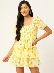 Slenor Floral Print Puff Sleeve Ruffled Georgette Fit & Flare Dress