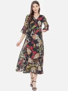 Slenor Floral Print Bell Sleeve Georgette Midi Dress