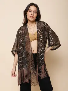 UnaOne Animal Printed Tasselled Georgette Open Front Shrug